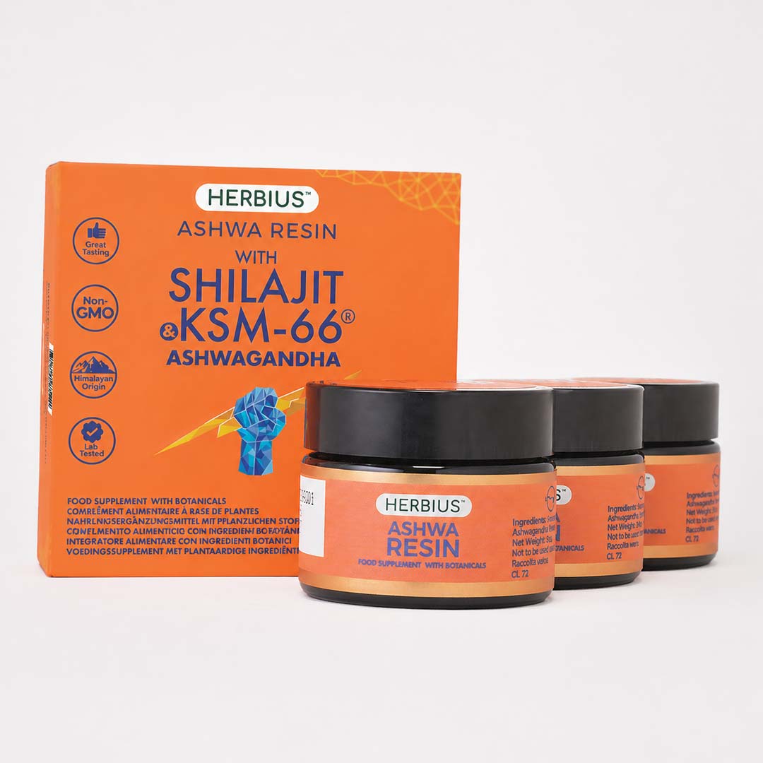 HERBIUS® ASHWA RESIN : Un puissant mélange de Shilajit pur de l’Himalaya et de l’Ashwagandha la plus étudiée cliniquement au monde (KSM-66®) - Lot de 3